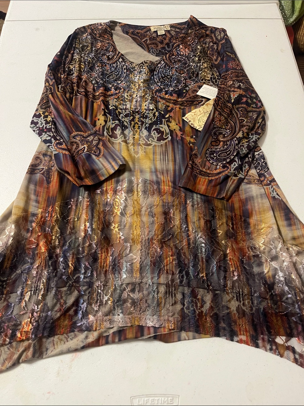 ONE WORLD Metallic Paisley Ombre Tunic - Navy, Gold, Brown